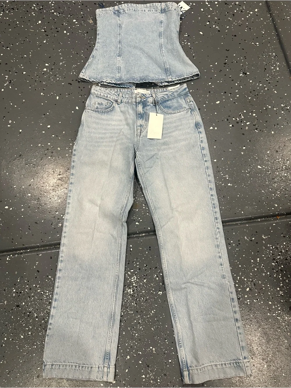 Zara Light Blue Denim Two-Piece: Corset Top & Straight Jeans
